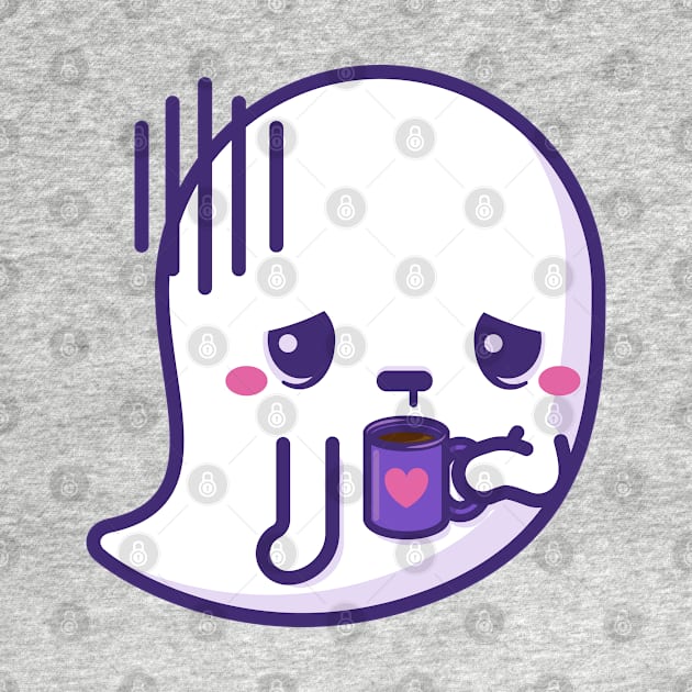 Tired kawaii ghost with coffee cup by Sugar & Bones